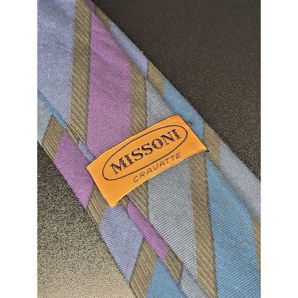 Missoni Cravatte Mens Cotton Necktie Blue Purple Olive Diagonal Stripe